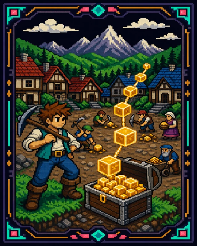 Sharper illustrated RPG cover: a village miner with a pickaxe beside a chest of glowing linked blocks, refined line work and richer amber lighting