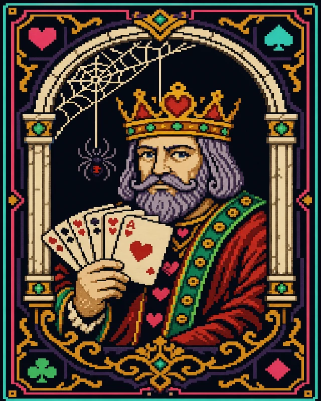 Sharper illustrated Solitaire cover: a crowned King of Hearts holds a fan of cards beneath a sharper spiderweb, deeper teal/pink shading